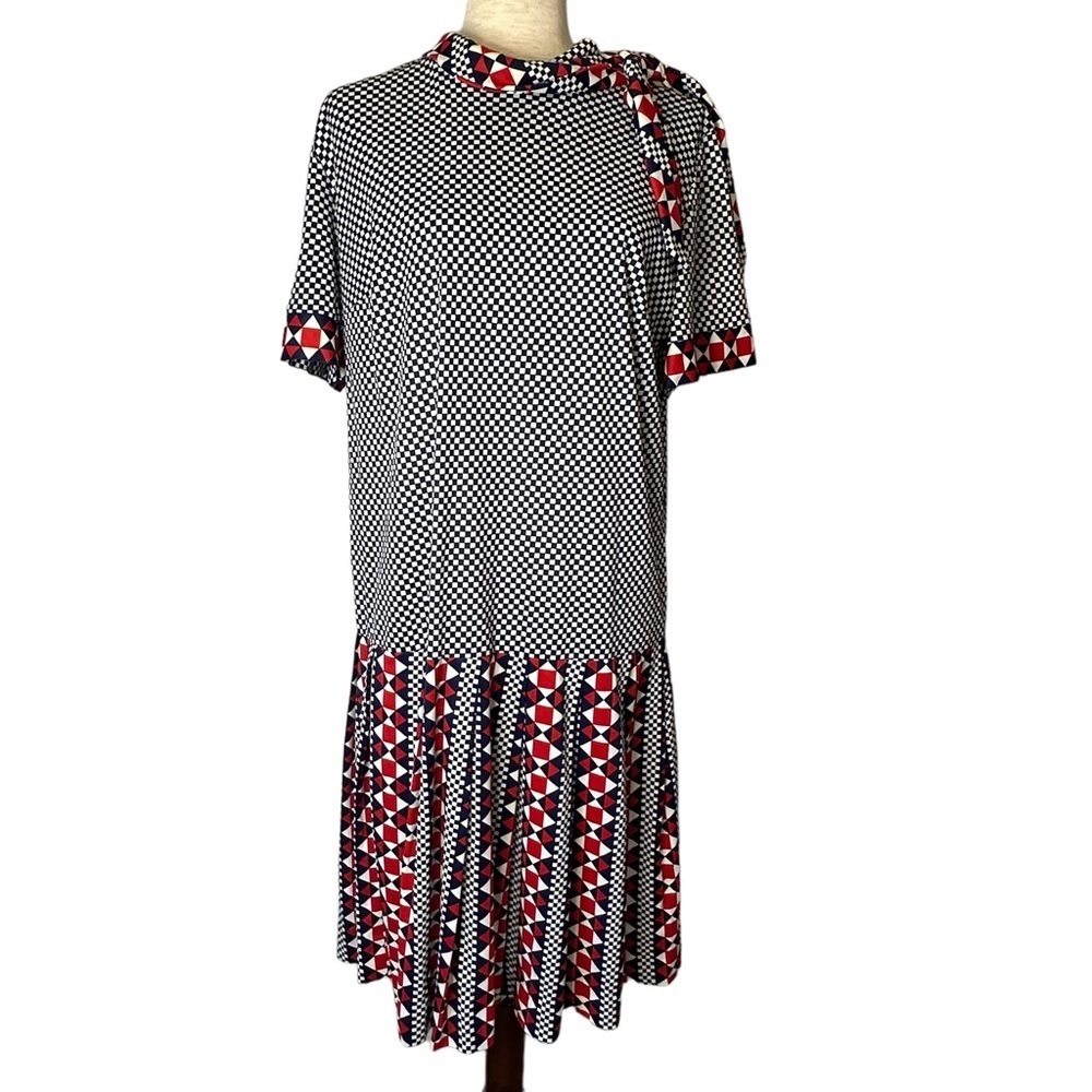 Vintage 70s ILGWU Mod Checkerboard Geometric Drop Waist Dress Retro USA Made